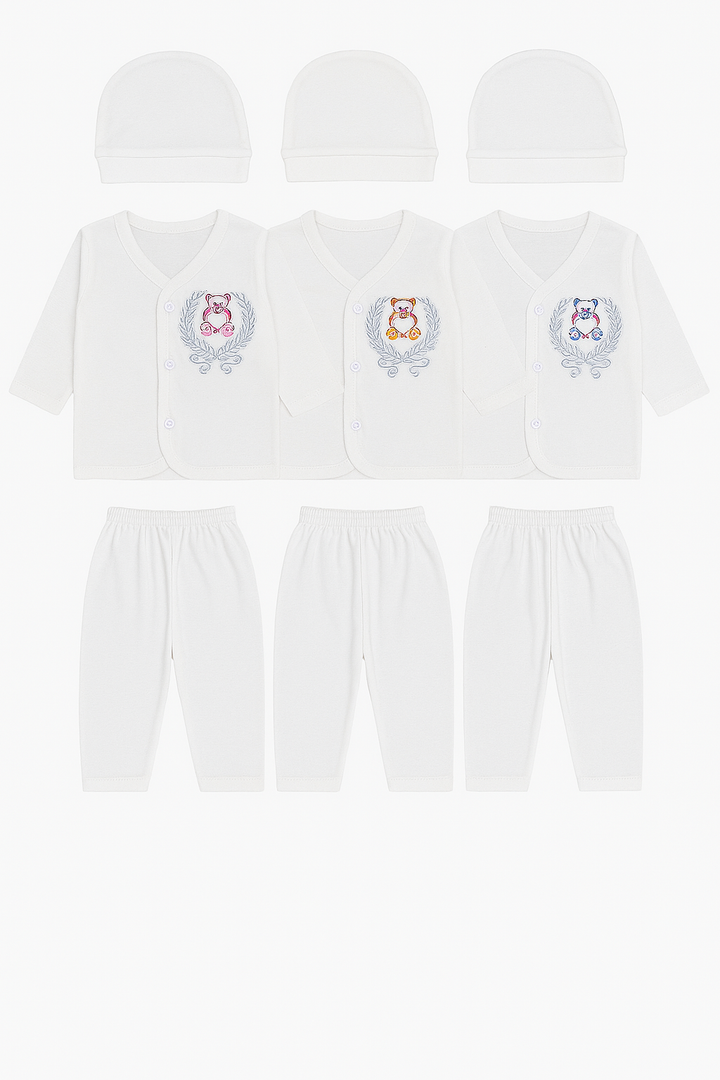 9-piece white newborn baby set with colorful teddy bear embroidery – includes shirts, pajama pants, and caps for 0–3 months