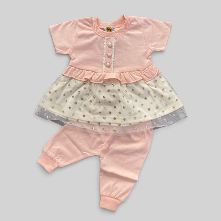 Soft cotton baby Frock and pajama set, perfect for newborn comfort.