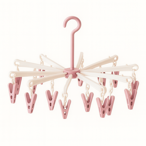 Pink baby foldable clothes dryer hanger with 20 clips and rotating hook