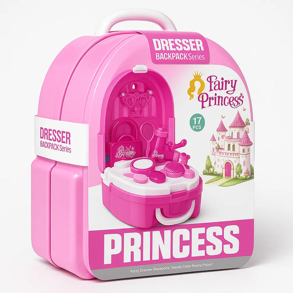 Princess dresser backpack toy set 17 pieces pink makeup playset