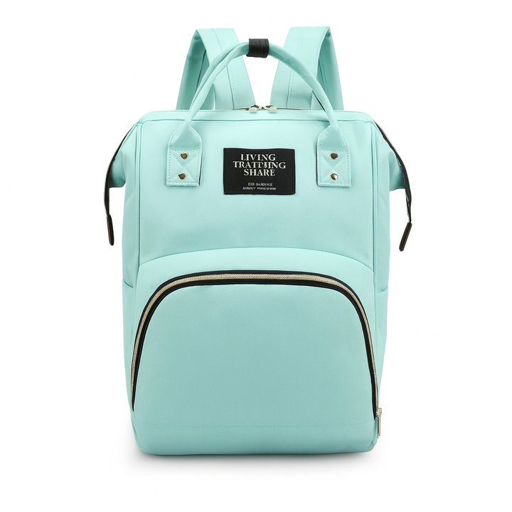 Mint green baby diaper backpack with wide opening and multi-pocket design