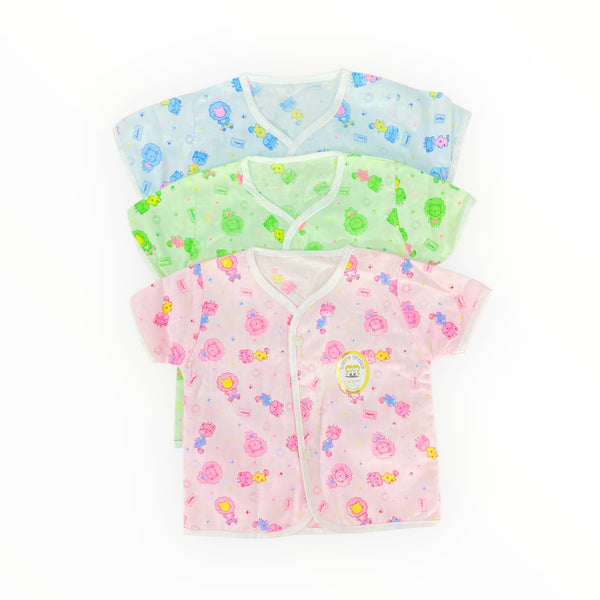 Pack of 3 newborn baby shirts made from soft, breathable cotton. Features snap-button closures for easy changing. Available in adorable prints and colors.