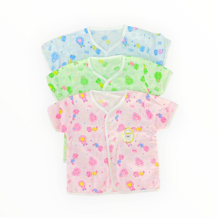 Pack of 3 newborn baby shirts made from soft, breathable cotton. Features snap-button closures for easy changing. Available in adorable prints and colors.