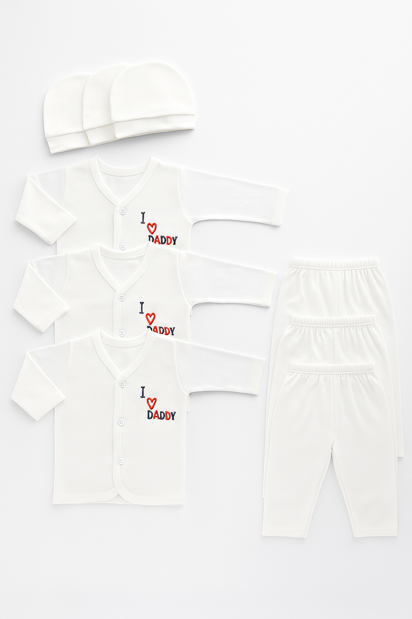 9-piece white baby clothing set with “I ❤️ Daddy” embroidery – shirts, pajama pants, and caps for newborns 0–3 months