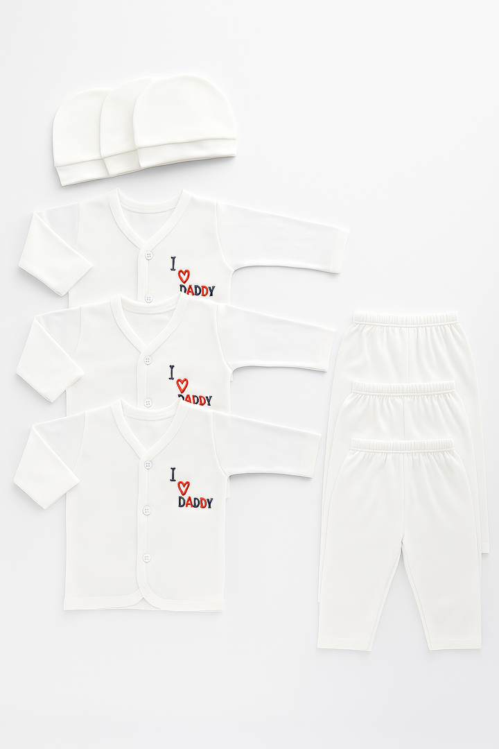 9-piece white baby clothing set with “I ❤️ Daddy” embroidery – shirts, pajama pants, and caps for newborns 0–3 months