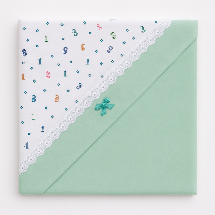Baby hooded wrapping sheet with lace border and decorative bow – soft and comfortable for newborns, available at BabifyStore.pk in Pakistan.