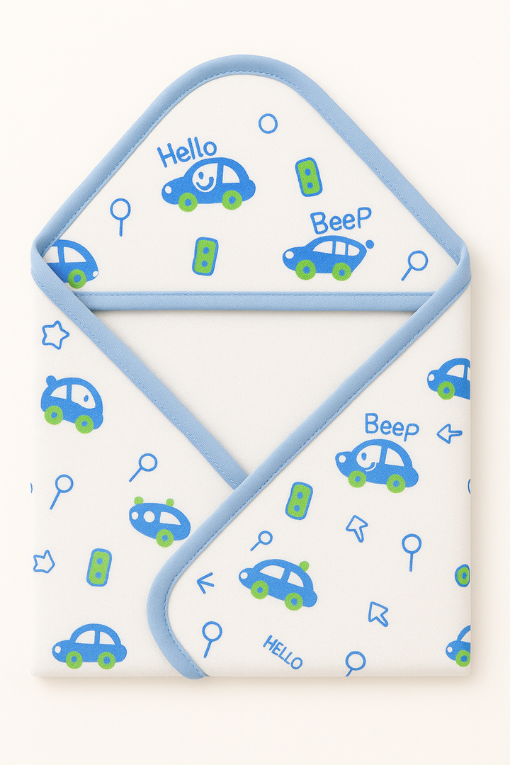Winter baby hooded wrapping sheet with cute car print – 30x29 inches