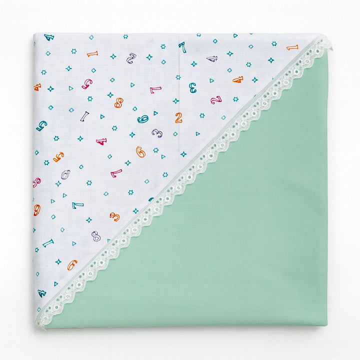 Baby hooded wrapping sheet with lace detailing, soft cotton fabric for comfort.