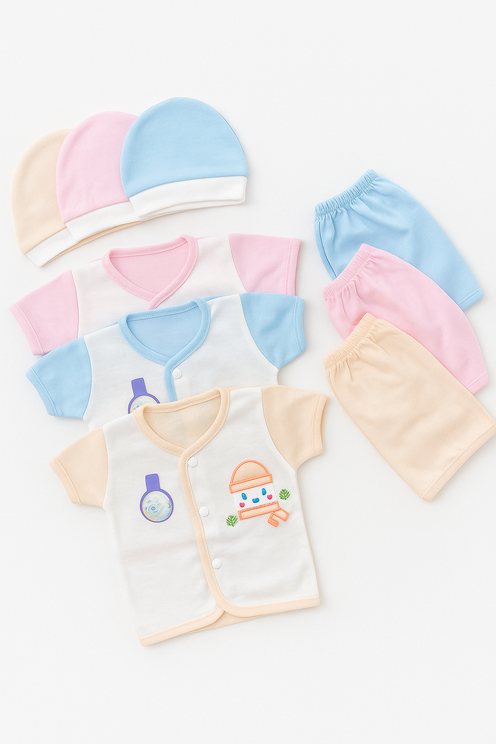 Pack of 9 Baby Starter Set (0-3 Months) – 3 T-shirts, 3 shorts, 3 caps for newborns
