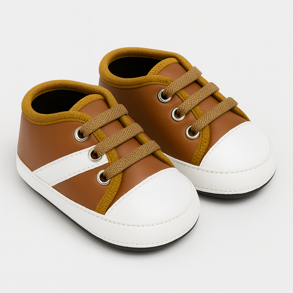 Brown & White Baby Sneakers – Soft Sole Prewalker Shoes 0–12 Months in Pakistan