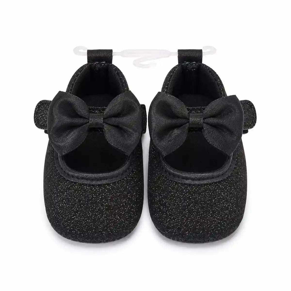 Black glitter bow baby girl first walker shoes with soft sole – front view