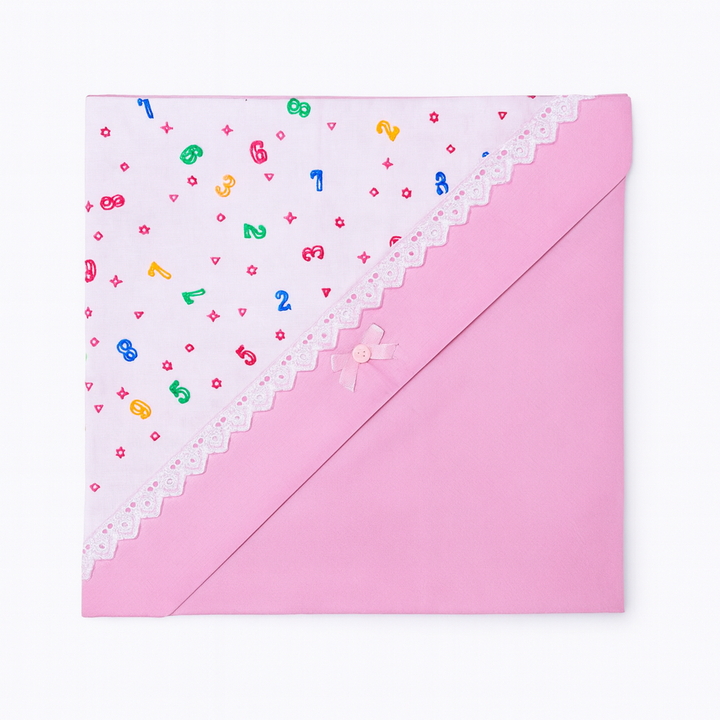 Baby hooded wrapping sheet with lace border and decorative bow – soft and comfortable for newborns, available at BabifyStore.pk in Pakistan.