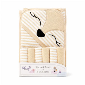 Baby hooded towel with 6 washcloths beige animal design
