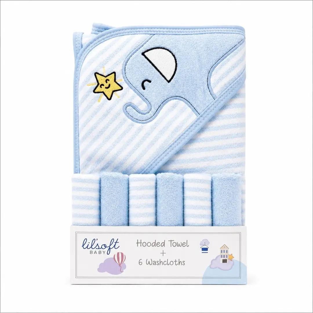 Baby hooded towel with 6 washcloths blue elephant design