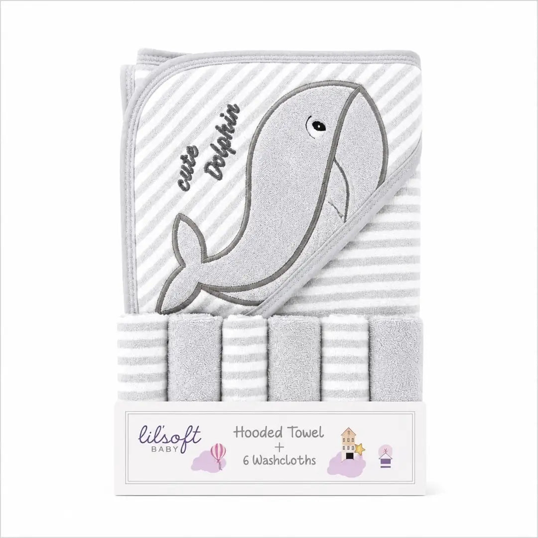 Baby hooded towel with 6 washcloths grey dolphin design