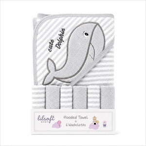 Baby hooded towel with 6 washcloths grey dolphin design
