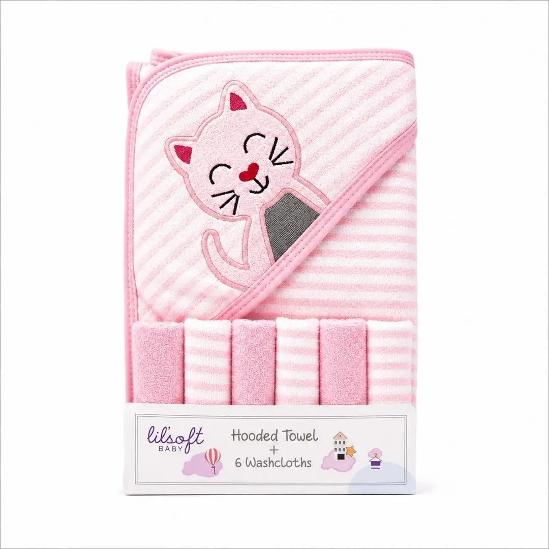 Baby hooded towel with 6 washcloths pink cat design