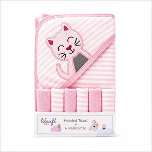 Baby hooded towel with 6 washcloths pink cat design