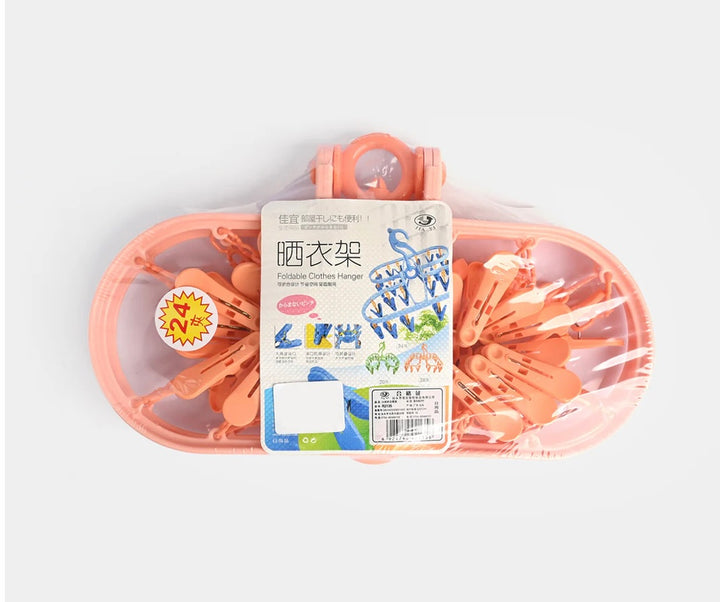 Foldable clothes hanger with 24 clips for drying baby clothes and laundry