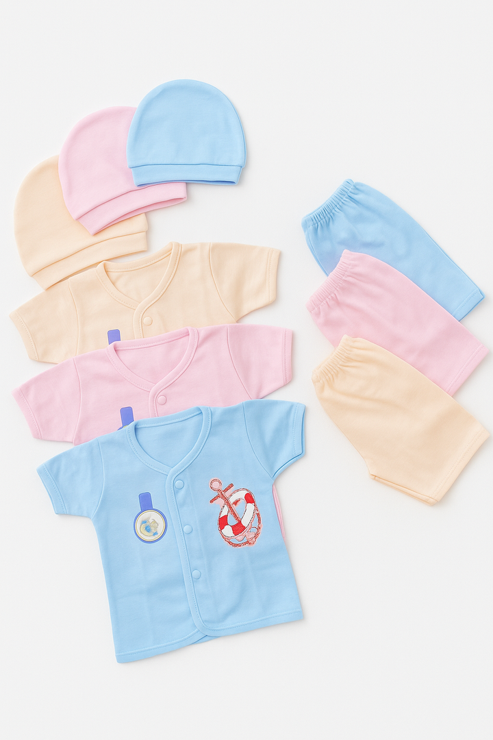 Pack of 9 Baby Starter Set (0-3 Months) – 3 T-shirts, 3 shorts, 3 caps for newborns