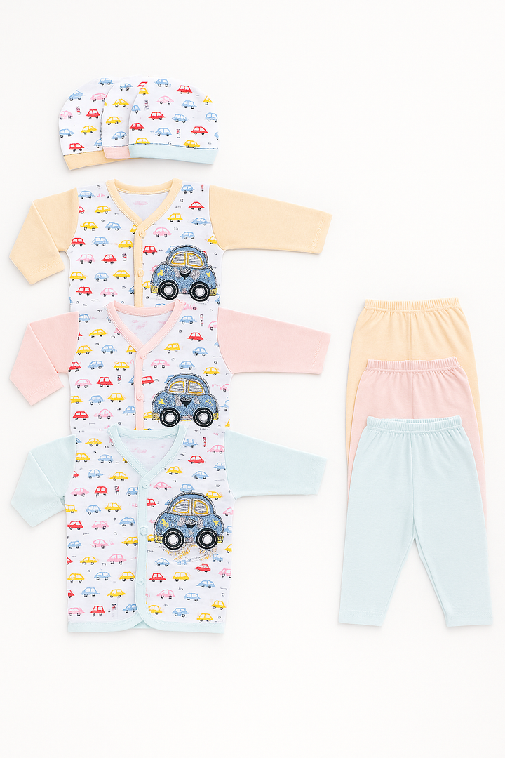 9-piece unisex baby clothing set with car print – 3 shirts, 3 pajama pants, and 3 caps for newborns to 3 months