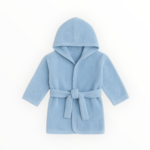 Blue hooded baby bathrobe for 0-18 months, soft toddler bathrobe