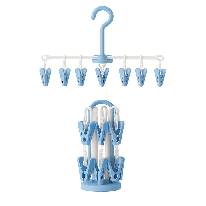 Blue baby foldable clothes dryer hanger with 20 clips and rotating hook