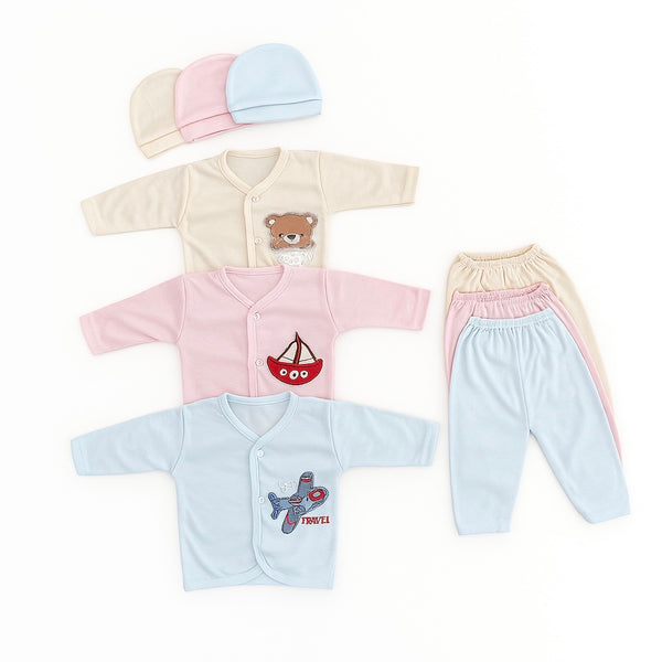 9-piece colorful baby clothing set with bear, boat, and airplane embroidery – includes shirts, pajama bottoms, and pastel caps for newborns 0–3 months