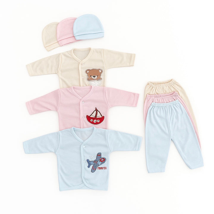 9-piece colorful baby clothing set with bear, boat, and airplane embroidery – includes shirts, pajama bottoms, and pastel caps for newborns 0–3 months