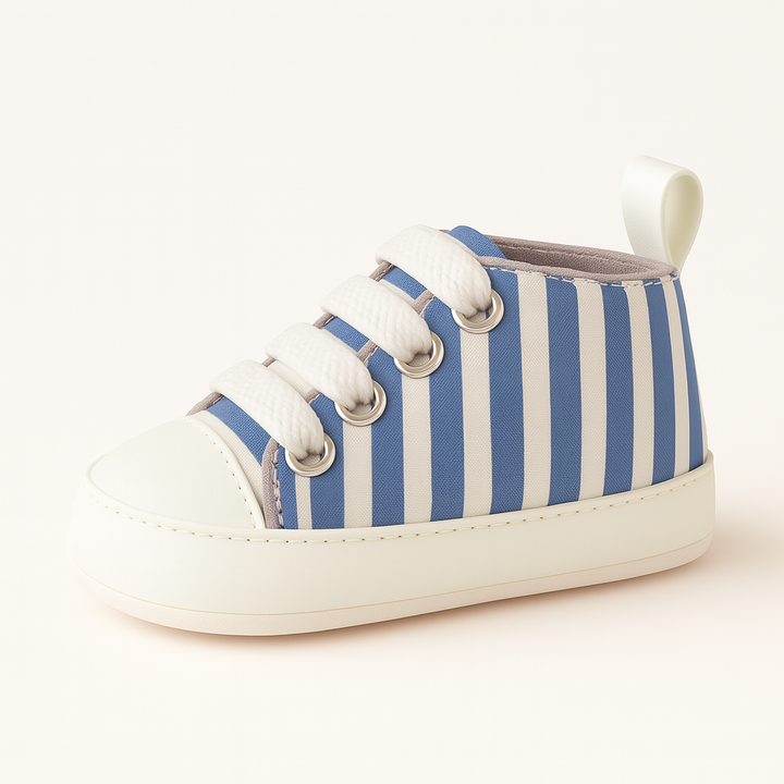 Soft Sole Striped Baby Sneakers Blue & White – High-Top Infant Shoes 0–12 Months in Pakistan