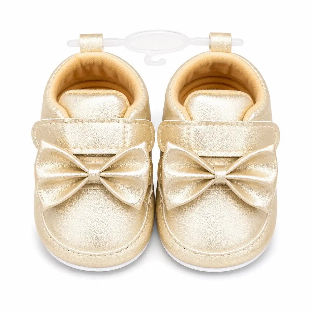 Golden bow baby girl soft sole first walker shoes with cushioned lining and hook and loop closure – front view