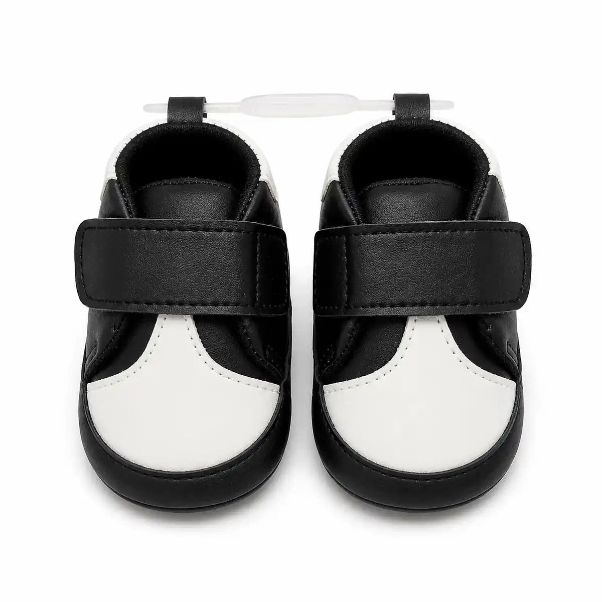 Black and white baby first walker shoes with wide strap and soft sole – front view