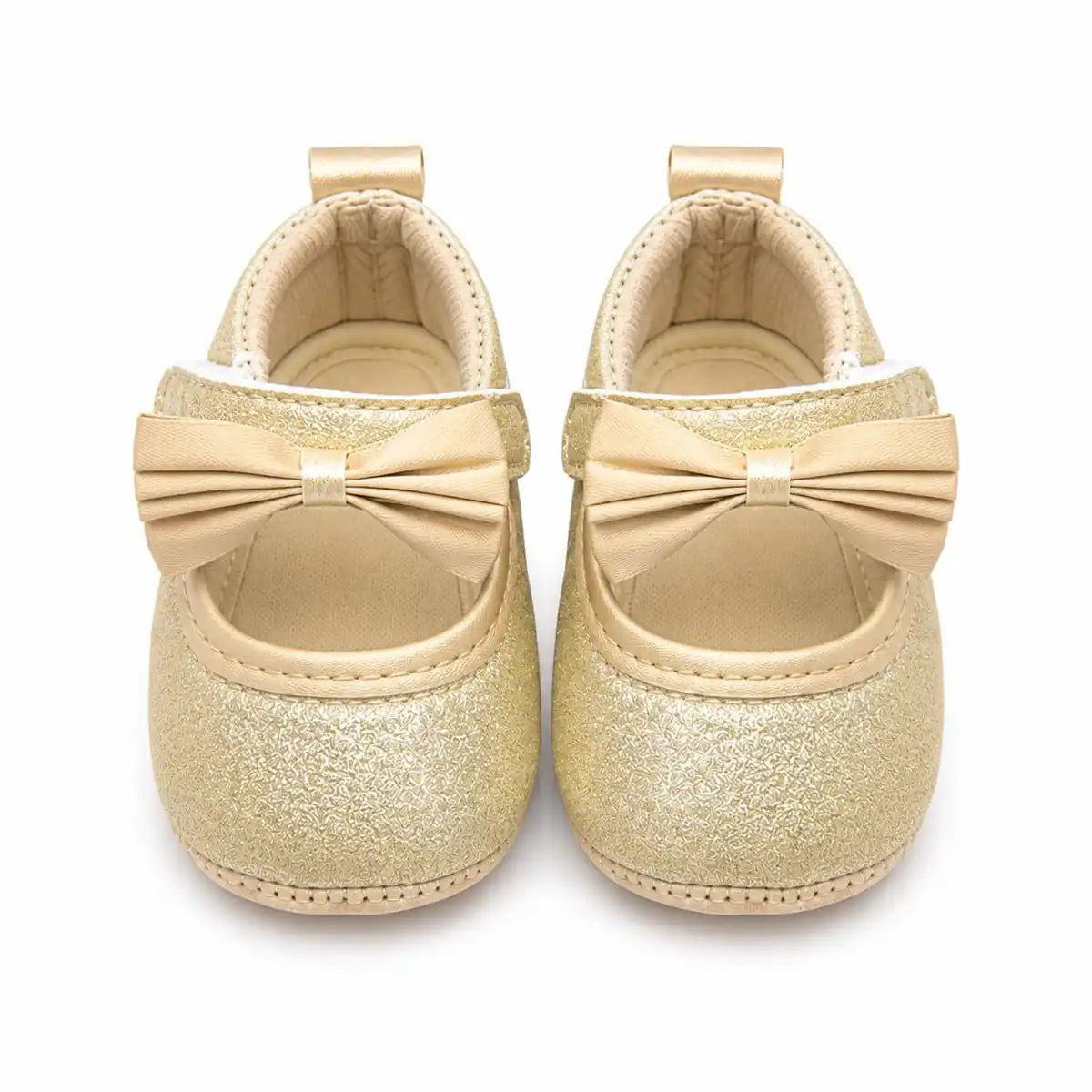 Golden champagne glitter baby girl first walker shoes with satin bow – front view