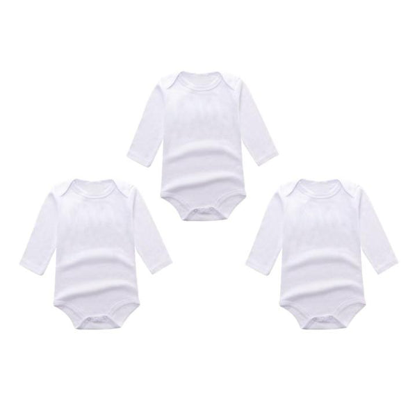 Soft and breathable full-sleeve white cotton baby bodysuits in a pack of 3, featuring snap closures for easy changing. Available in sizes 0-3, 3-6, and 6-12 months.