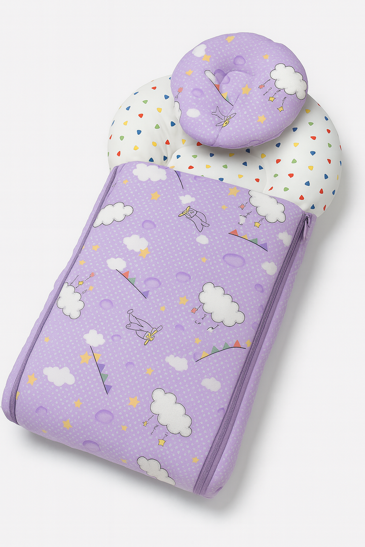 Baby Carry Nest with Pillow Purple Cloud Print – Soft Cotton Comfortable Newborn Sleeping Nest in Pakistan