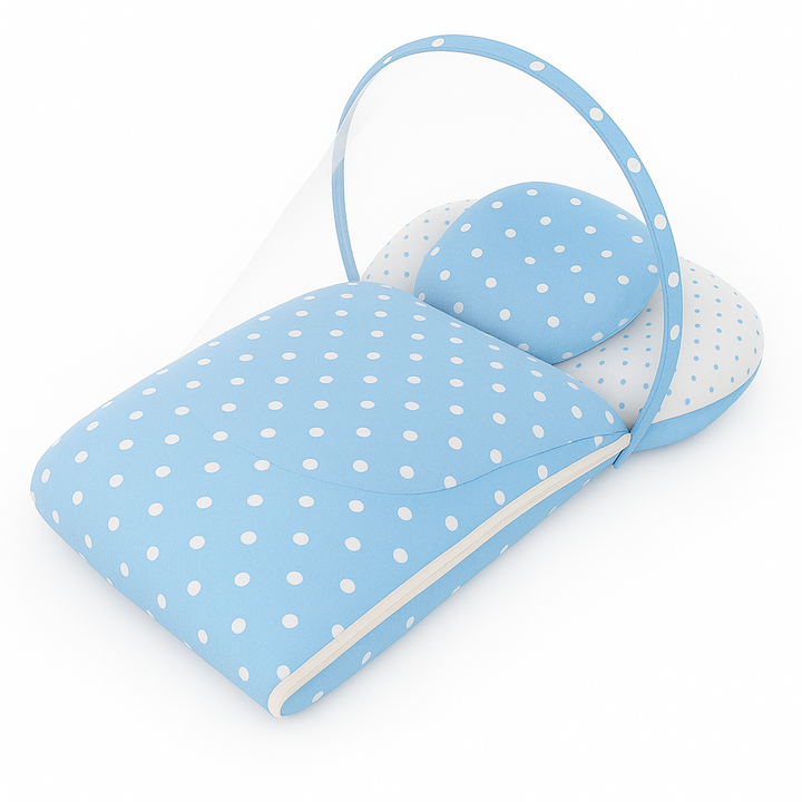 Baby Carry Nest with Removable Mosquito Net – Polka Dot Sky Blue | Soft & Cozy Baby Bed