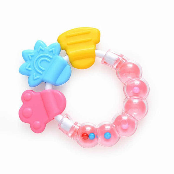 BPA-free, food-grade silicone baby rattle and teether in an adorable corn shape with a double-handle design for easy gripping and soothing teething relief.
