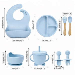8 pcs silicone baby feeding set with suction plate bowl bib and cup