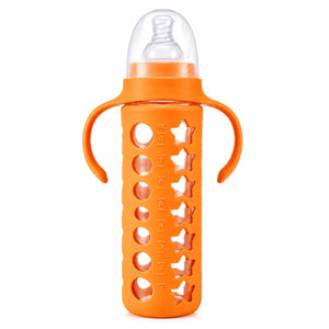 8oz baby feeding bottle with dual handles and silicone sleeve – Orange