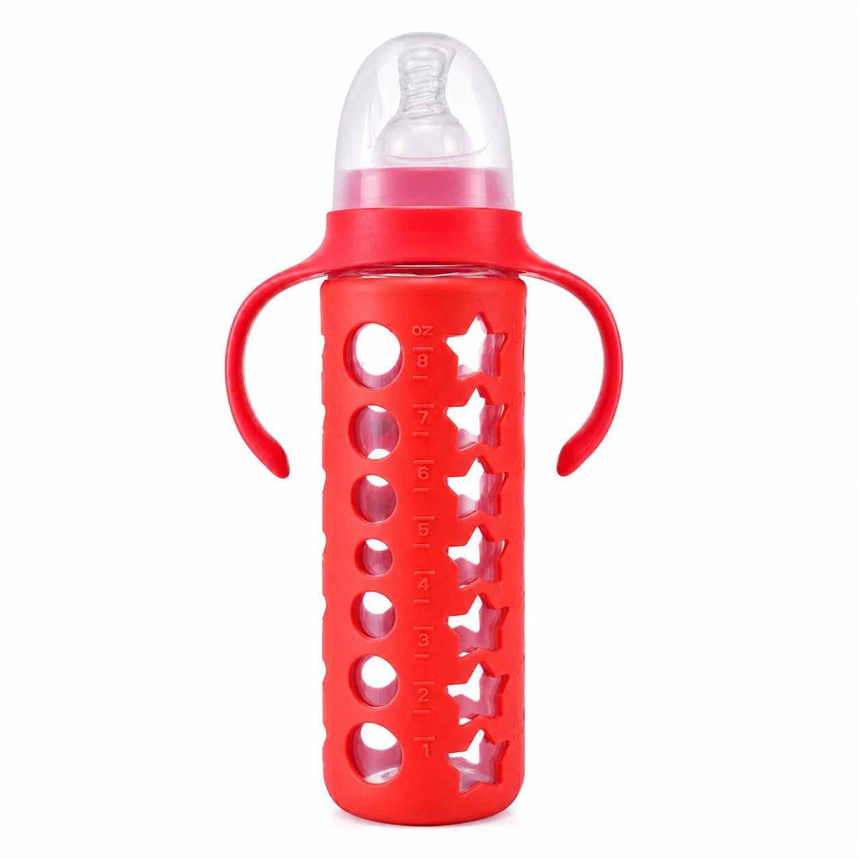 8oz baby feeding bottle with dual handles and silicone sleeve – Red