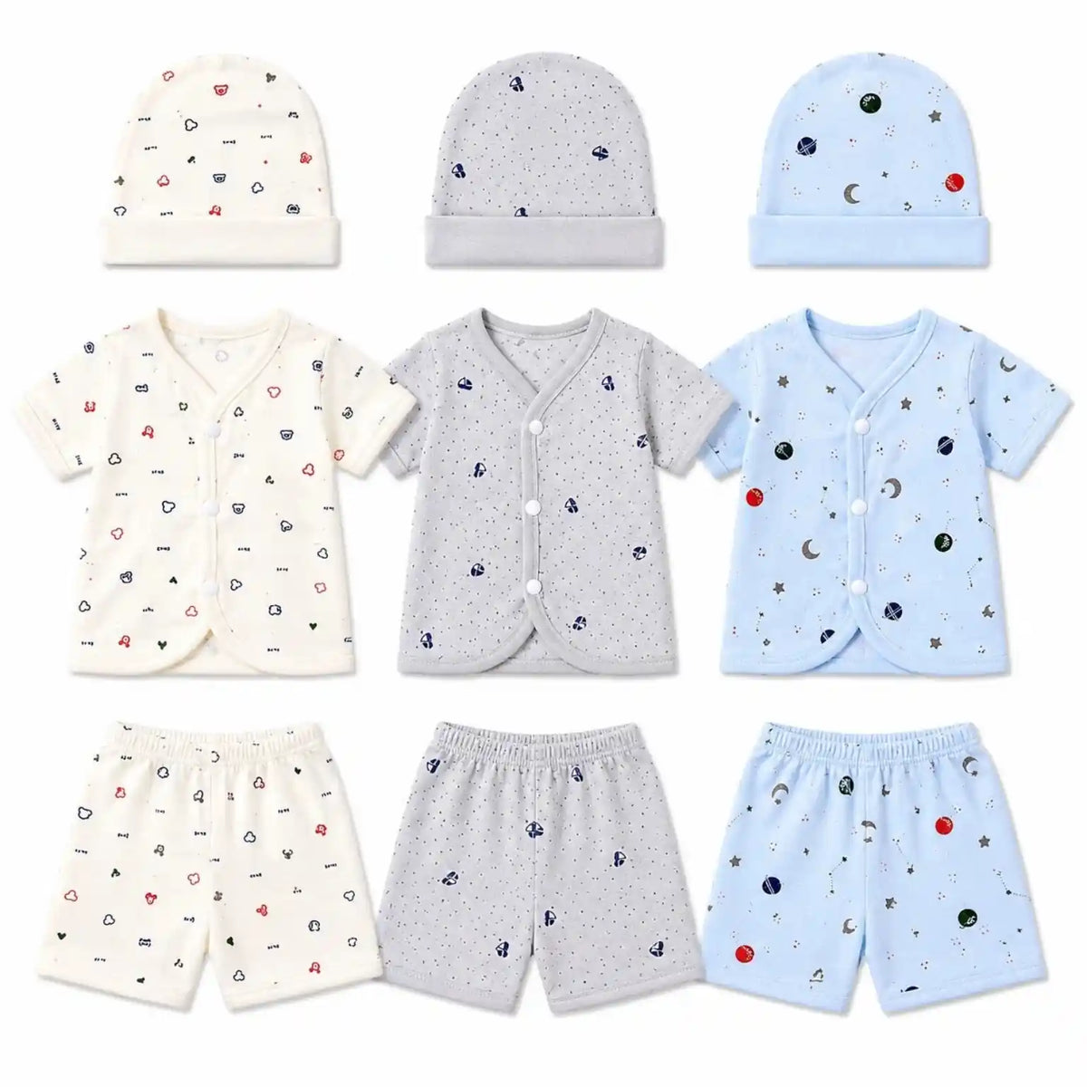 Pack of 3 neutral printed baby summer cotton shirt, shorts and matching cap sets