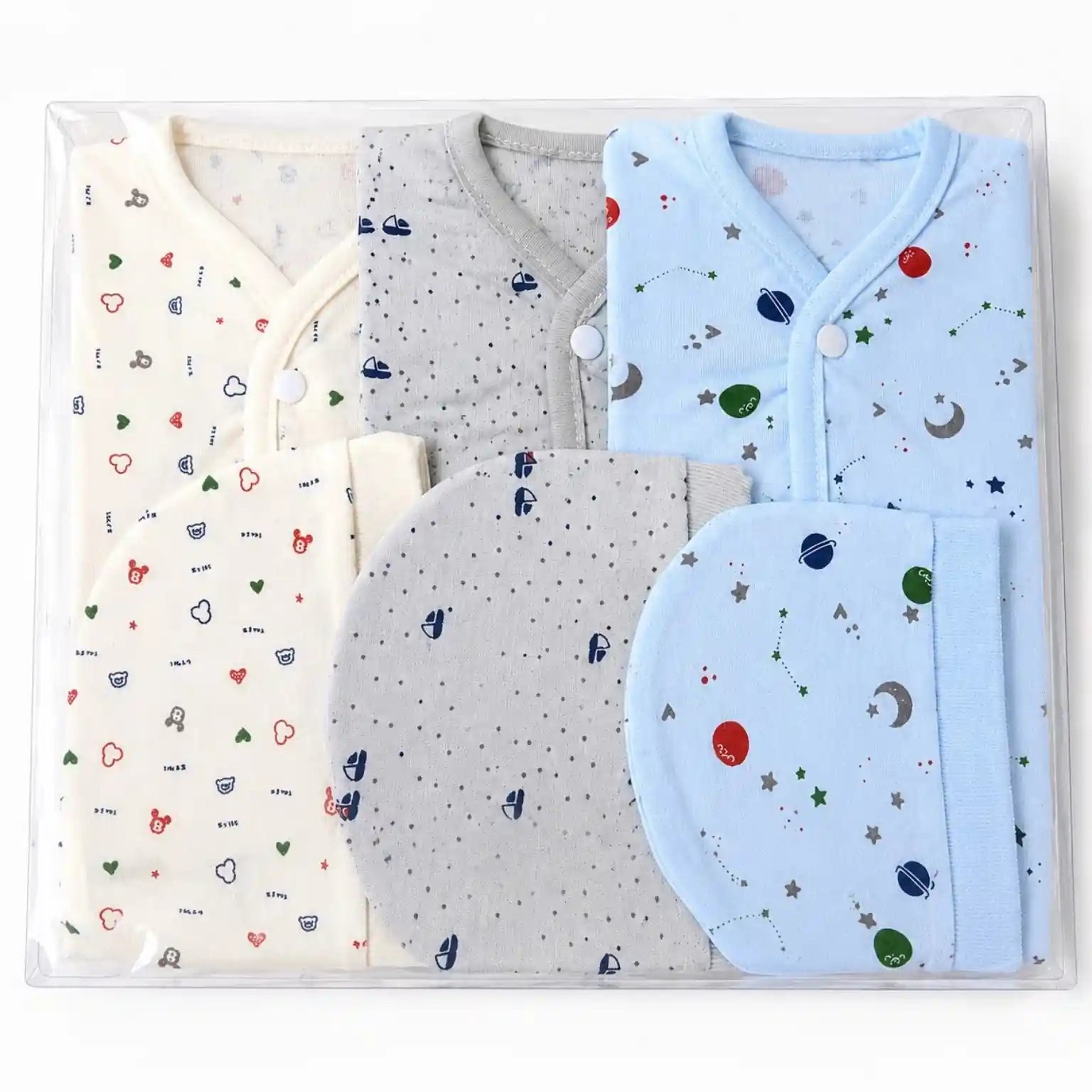 Neutral baby cotton shirt, shorts and matching cap sets for newborns aged 0–3 months