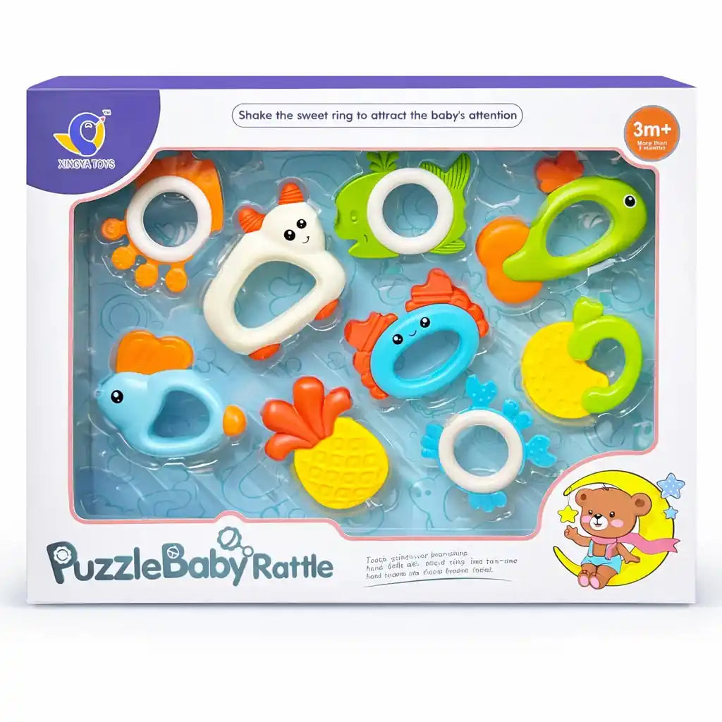 Pack of 9 Colorful Baby Rattle and Teether Toys with Easy Grip Shapes for Sensory Development