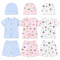 Pack of 3 pastel printed baby summer cotton shirt, shorts and matching cap sets
