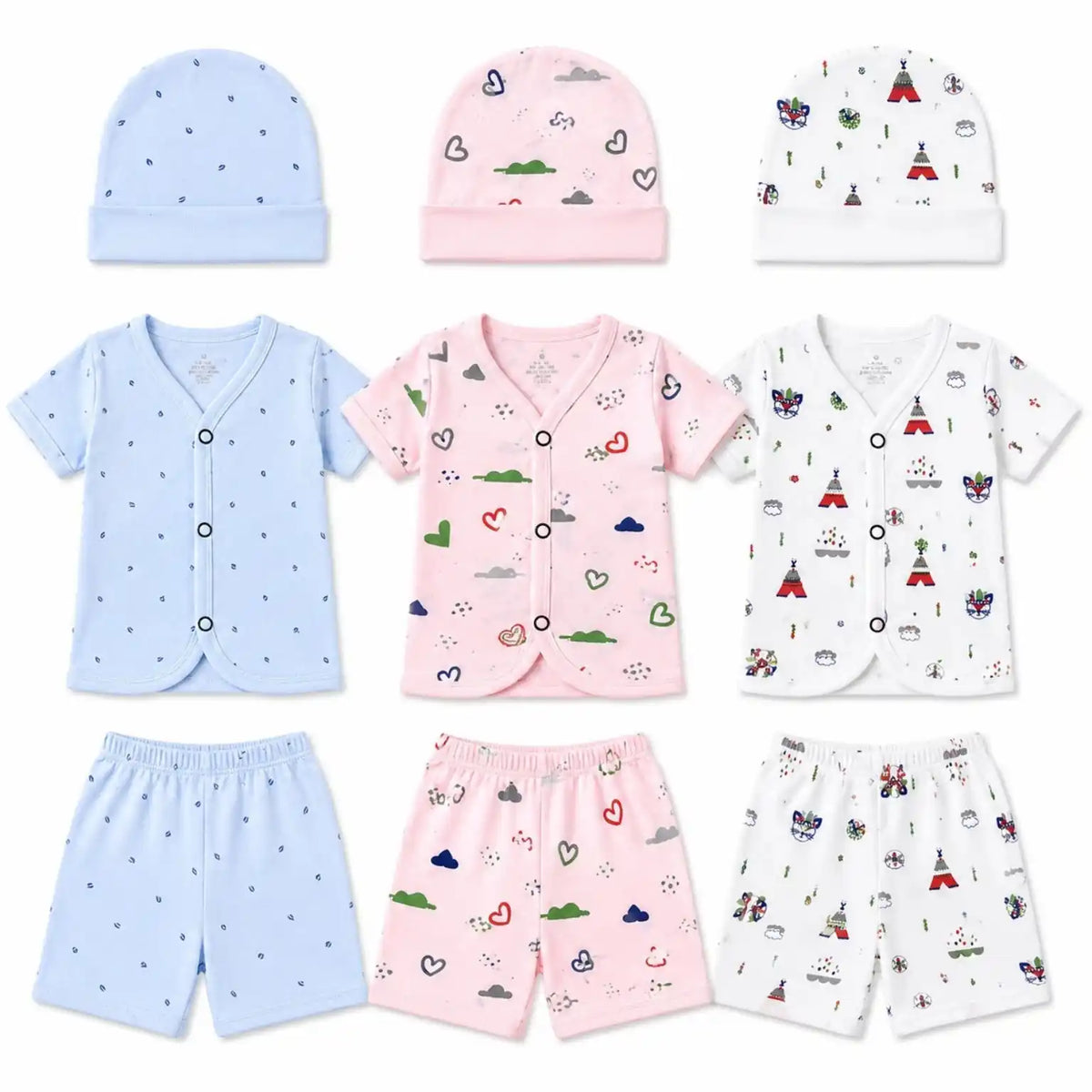 Pack of 3 pastel printed baby summer cotton shirt, shorts and matching cap sets