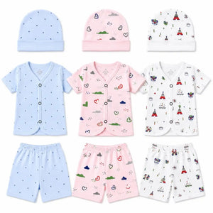 Pack of 3 pastel printed baby summer cotton shirt, shorts and matching cap sets