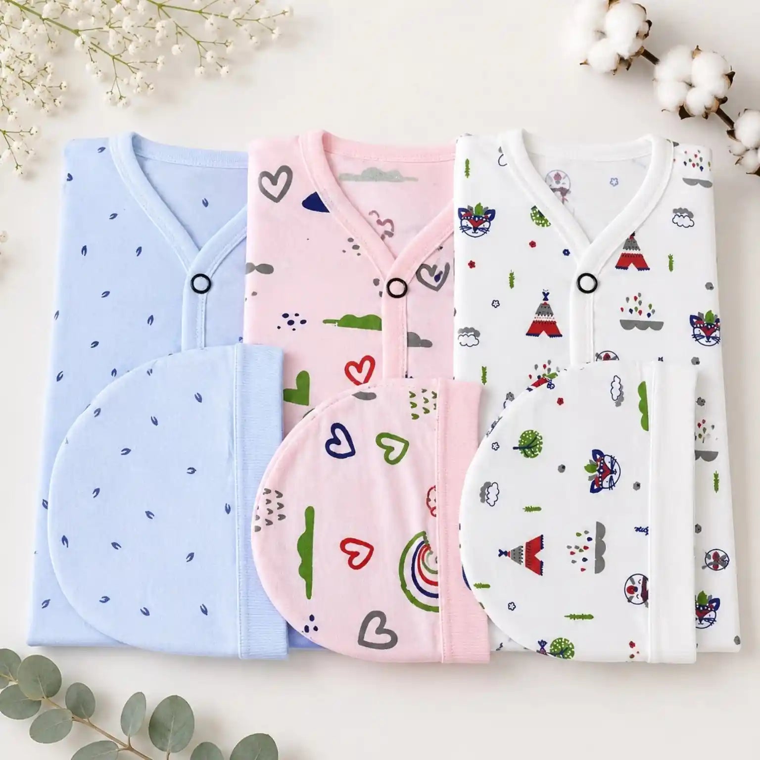 Pastel baby cotton shirt, shorts and cap sets for newborns aged 0–3 months