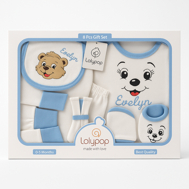 “8-piece cotton baby starter set with shirt, pajama, bib, washcloths, mittens, and booties”