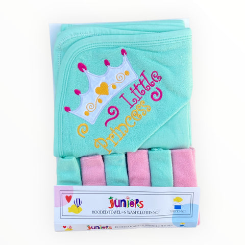 Soft and absorbent baby hooded bath towel with 6 washcloths, designed for newborns and infants.