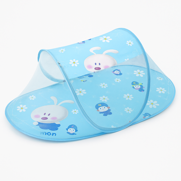 Foldable baby mosquito net sky blue with cartoon bunny design